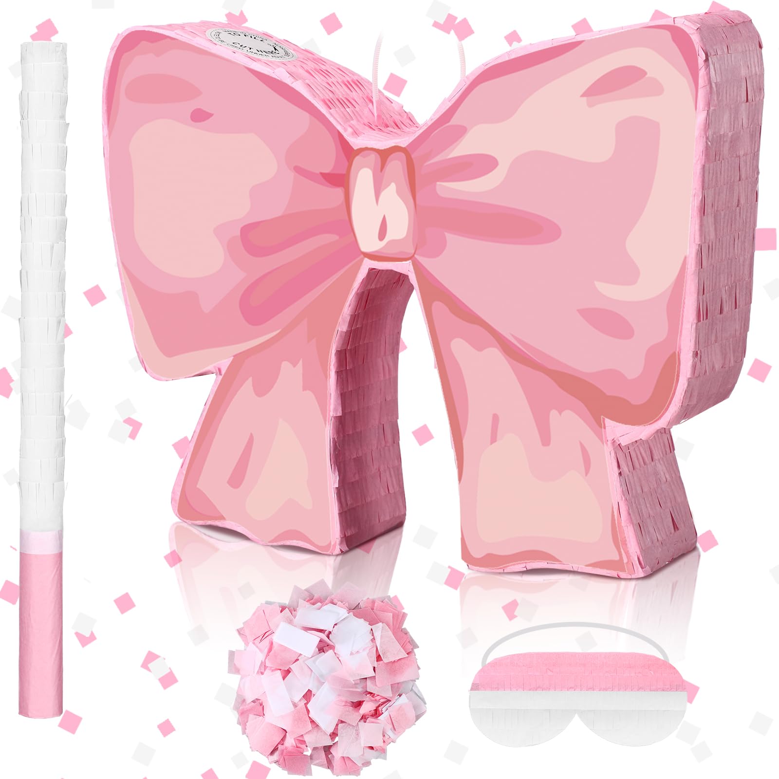 Photo 1 of Feifeiya Coquette Pink Bow Piñata Pink Girls Party Piñata Bundle with a Blindfold, Bat and Confetti Birthday Coquette Party Supplies