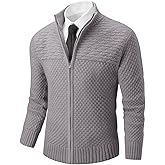 Runcati Mens Zip Up Cardigan Sweater Casual Stand Collar Textured Knit Ribbed Chunky Sweaters