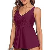 ANFILIA Womens Tankini Top Twist V Neck Bathing Suit Top Flowy Padded Swimsuit Top Swim Tank Top Only