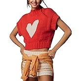Women Mock Neck Sweater Vest Heart Print Cap Sleeve Knit Tank Tops Y2K Valentine's Day Ribbed Pullover Top