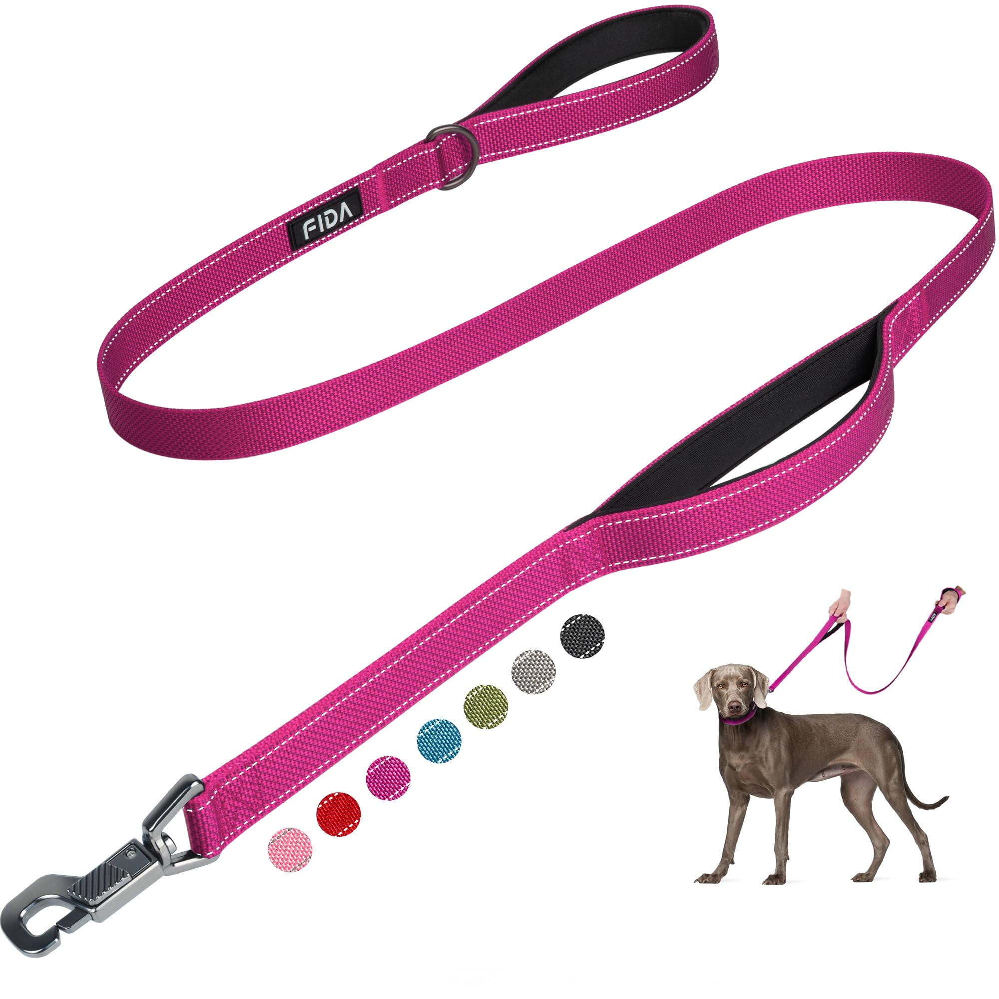 Fida 5 FT Heavy Duty Dog Leash with 2 Comfortable Padded Handles, Traffic Handle & Advanced Easy Snap Hook, Reflective Walking Lead for Large, Medium & Small Breed Dogs, Rose