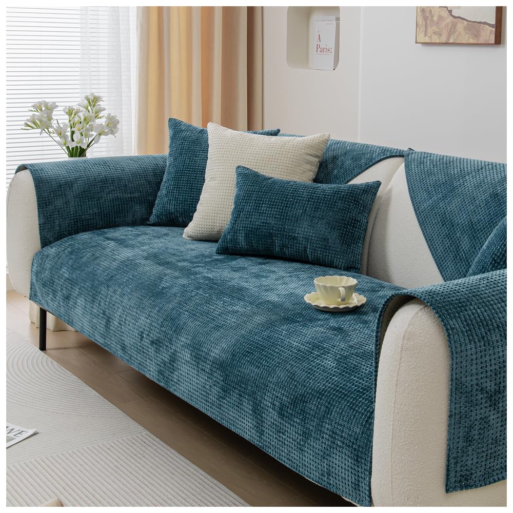 NUODWELL Soft Chenille Sofa Cover 1/2/3/4 Seater, Universal Non-Slip L Shape Couch Cover, Thick Sofa Protector Quilted Corner Slipcovers Washable for Living Room (Blue-B, 90 * 160cm)