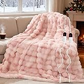 AEPINBH Electric Blanket, Soft Faux Rabbit Fur Bubble Heated Blanket with Dual Control 6 Heating Levels & 10 Hours Auto-Off, Machine Washable, Fast Heating (Pink White, 90"X100")