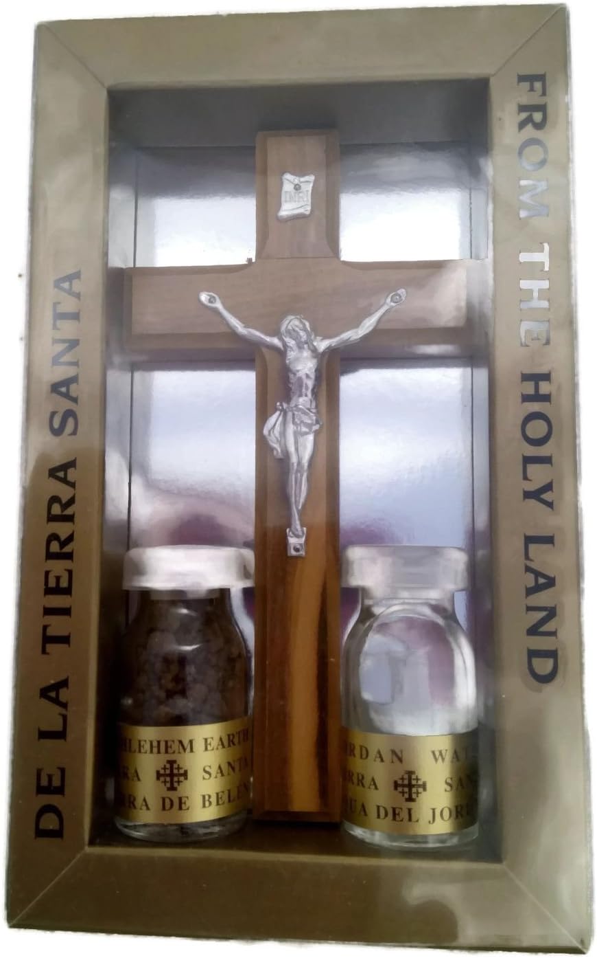 Olive Wood Crucifix Cross Set with 2 Bottles - Jordan Water, Holy Earth Soil - Comes with Prayer Card by HolyRoses ...