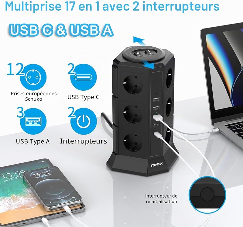 Tour Multiprise avec Interrupteur Parafoudre, 12 Prises, 5 USB, Cube — photo 2 sur 7