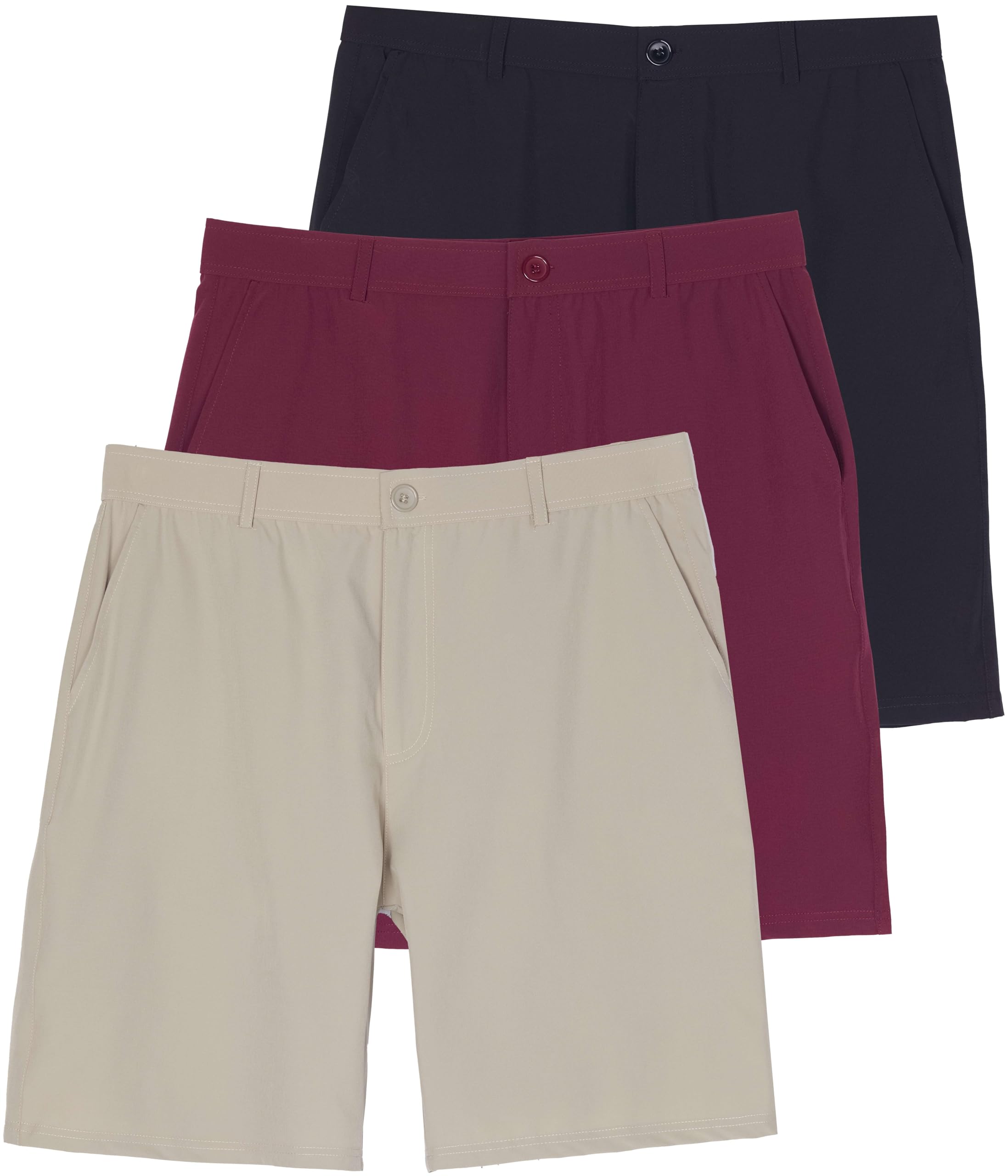 Photo 1 of Real Essentials 3 Pack Mens 9 Inch Inseam Golf Shorts Flat Front Casual Work Workout Active Athletic Hiking Sport Fishing Pockets Summer Stretch