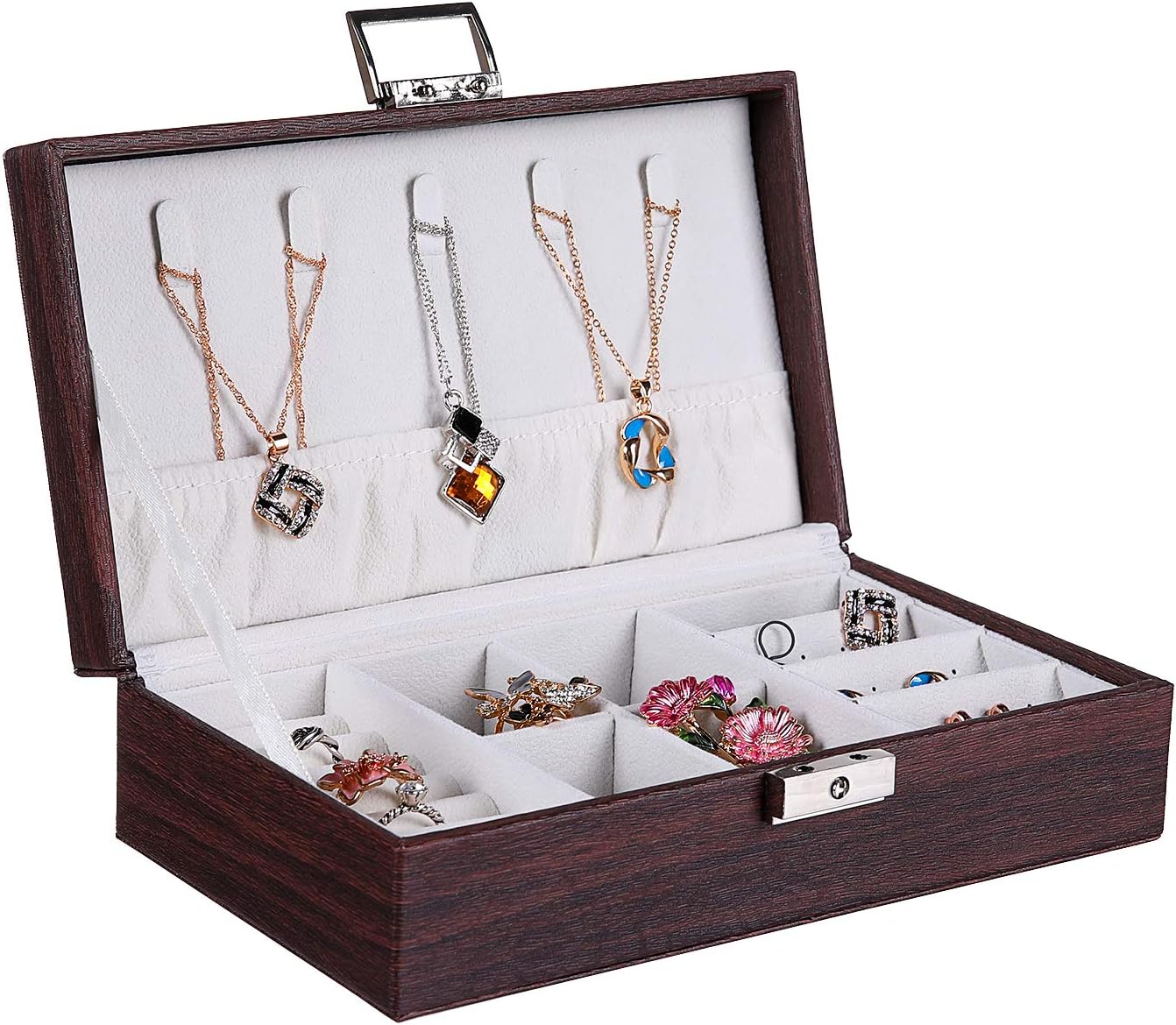 misaya Travel Jewelry Box Organizer Women Long Vintage Wood Grain Jewelry Holder Lockable PU Leather Jewelry Storage Case for Ring Earring Necklace, Wood Grain 1