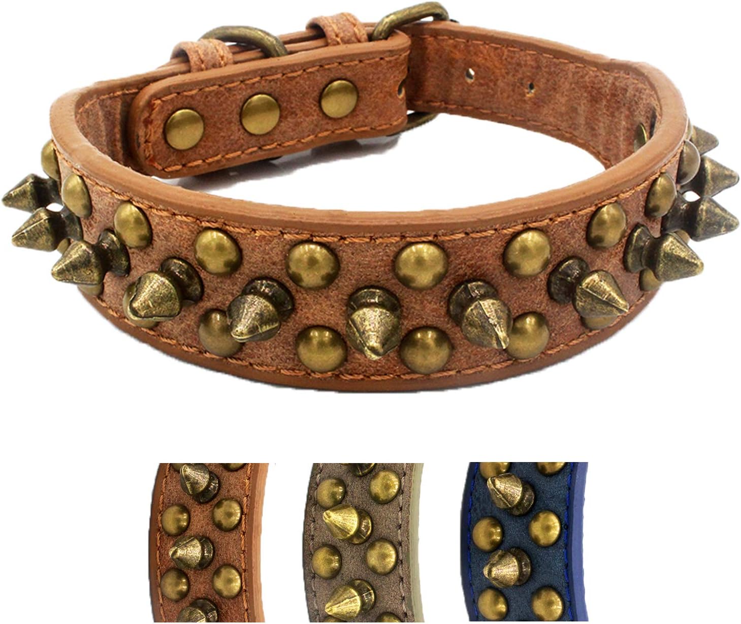Spiked Studded Dog Collar,Protect The Dog’s Neck from Bites. - Fit SmallMedium & Large Dogs (Retro Brown,L)