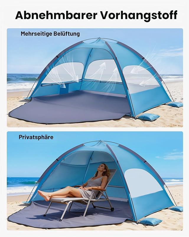 Strandmuschel Sonnenschutz für 3 Personen, UPF 50+ Schutz, Tragbares Strandzelt mit Tragetasche & Bodenverankerungen, Leichter Strandsonnenschirm für Camping Angeln Picknick, Sonnenzelt