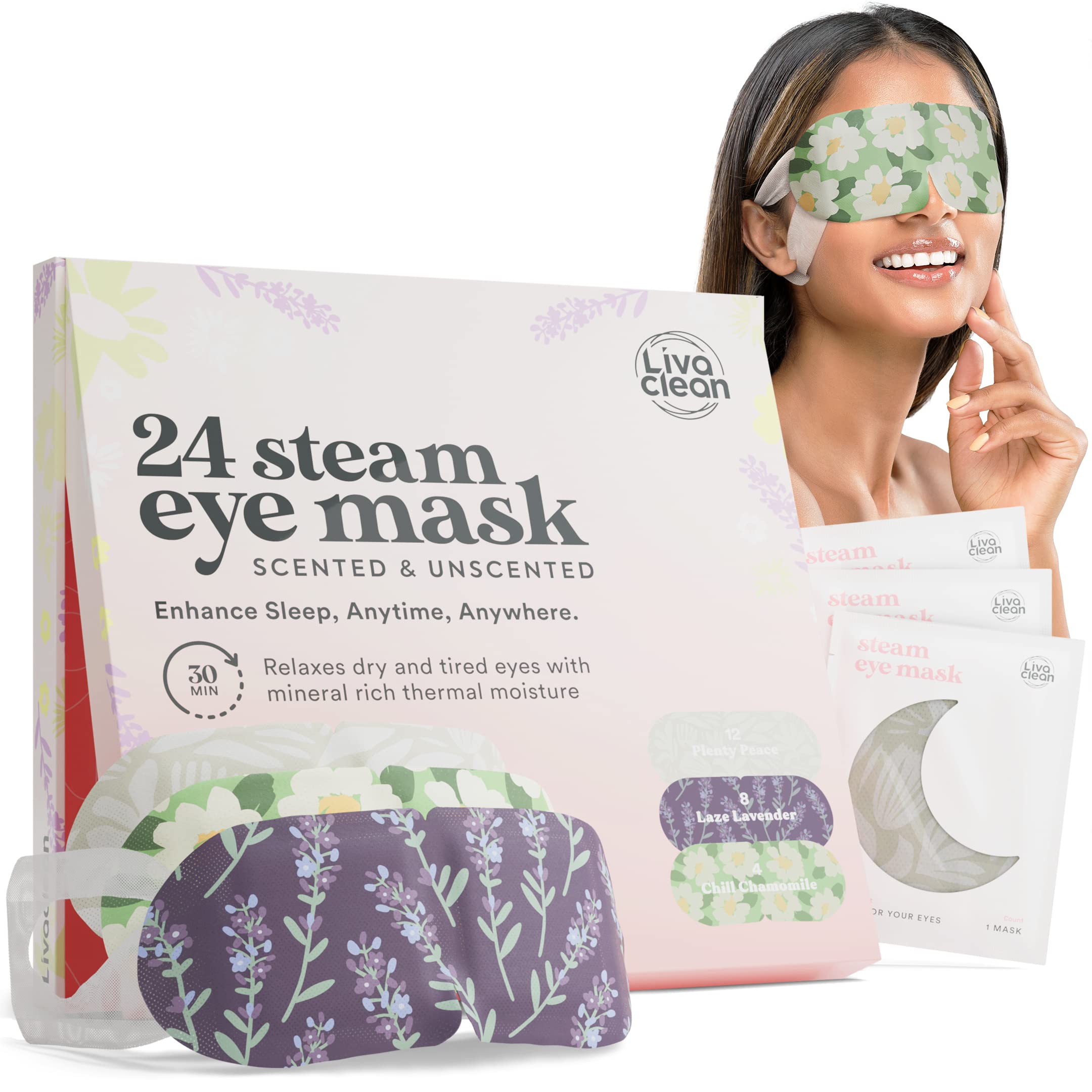 LivaClean 24 Steam Eye Mask for Dry Eyes, Dark Circles & Puffiness, Warm & Self Heating, Ear Hooks to Stay On, Lavendar, Chamile & Unscented, Disposable