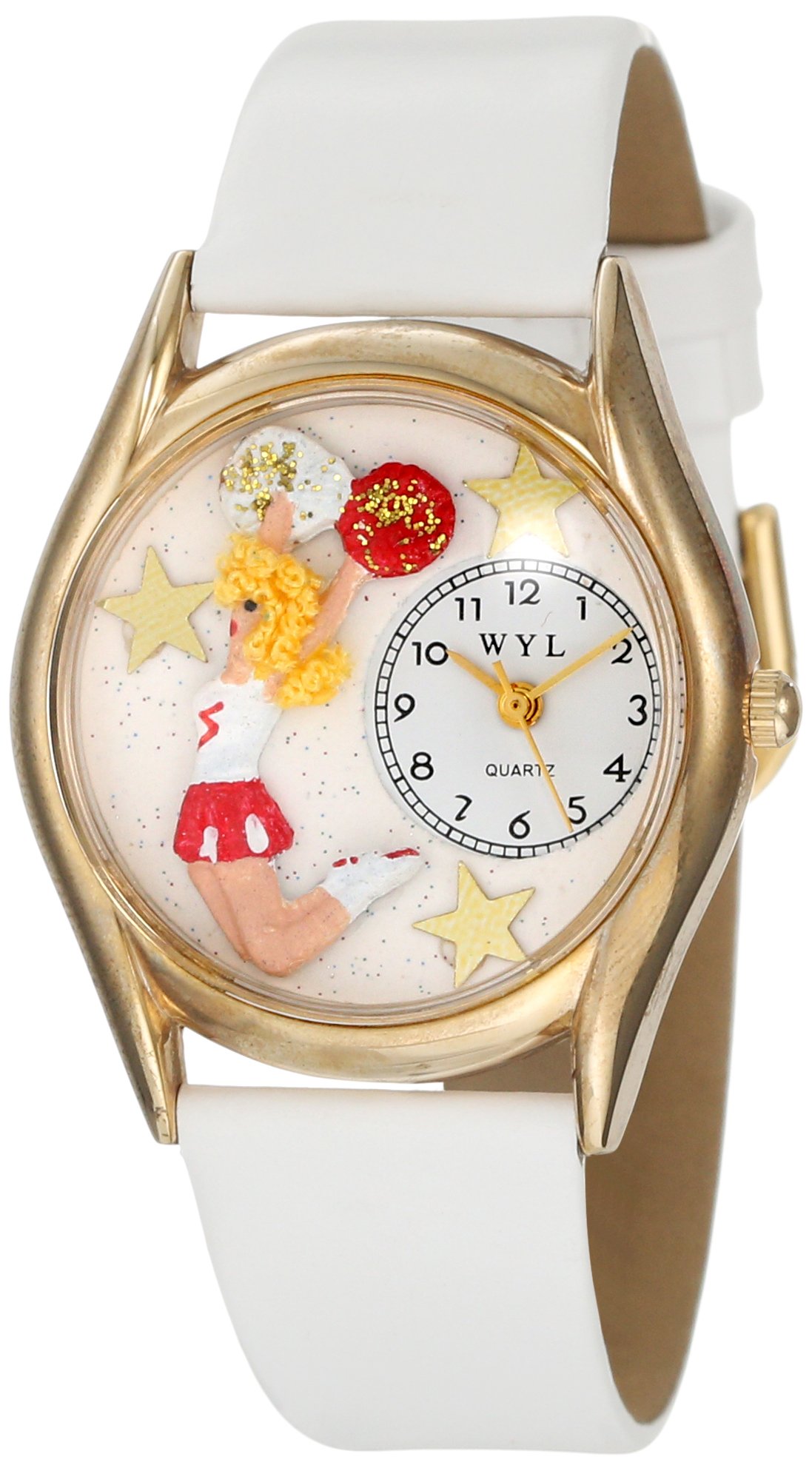 Whimsical Watches Cheerleader White Leather and Goldtone Unisex Quartz Watch with White Dial Analogue Display and Multicolour Leather Strap C-0820013
