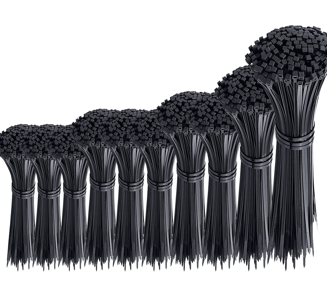 Oksdown 1000 Pieces Black Nylon Cable Ties Mixed Pack Heavy Duty Strong Self Locking Long Plastic Zip Tie Wraps Assorted Sizes 100/150/200/250/300mm Length 4/6/8/10/12 Inch, 2.5/3.6mm Width