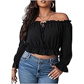 MakeMeChic Women's Plus Size Off Shoulder Blouse Long Sleeve Ruffle Hem Crop Tops