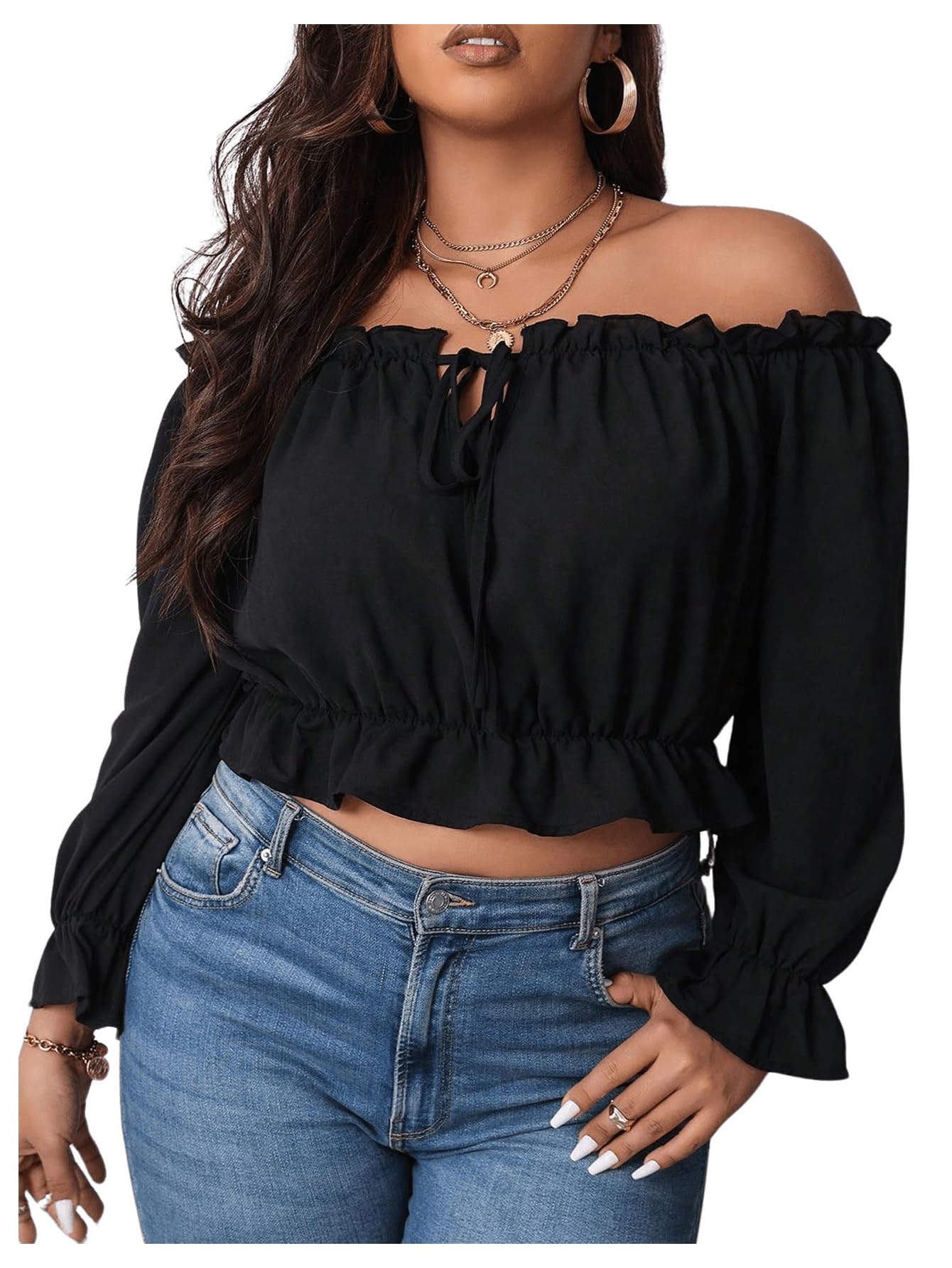 MakeMeChic Women's Plus Size Off Shoulder Blouse Long Sleeve Ruffle Hem ...