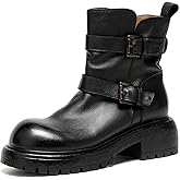 BEAU TODAY Motorcycle Boots Women Vintage Combat Ankle Boots Women Anti-Slip Fashion Leather Round Toe Outdoor Wide Biker Moto Shoes with Side Zipper