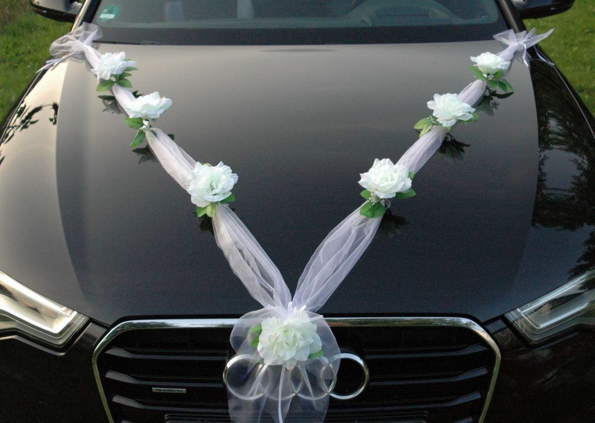 Autoschmuck Organza M Auto Schmuck Braut Paar Rose Deko Dekoration Hochzeit Car Auto Wedding Deko Girlande PKW (Weiß/Weiß)