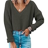Jumppmile Womens V Neck Waffle Knit Cropped Top Long Sleeve Pullover Crop Sweater