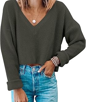Womens V Neck Waffle Knit Cropped Top 