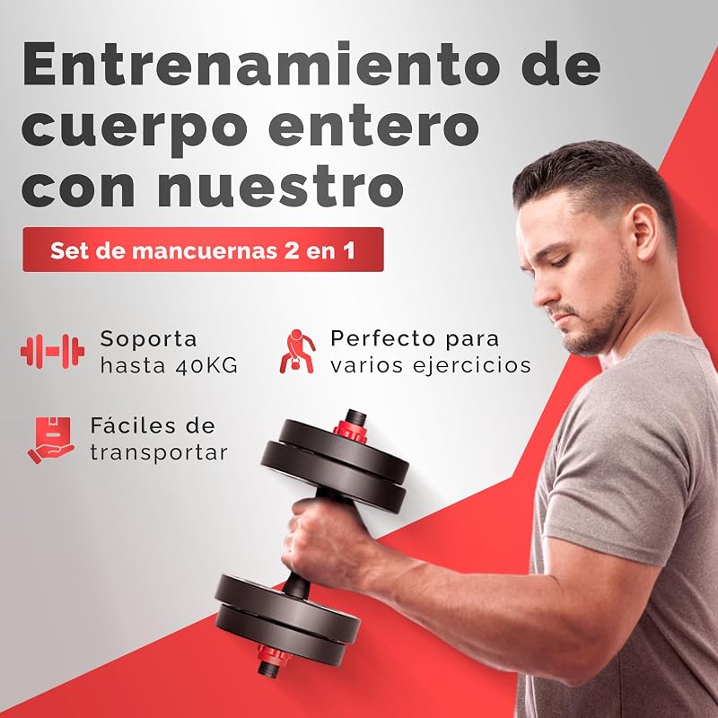 Juego de Mancuernas Ajustables 4 en 1 + Kettlebell - 10kg 20kg 35kg - Kit de Pesas con Barra Recta Ajustable y Antideslizante - Pesas y Mancuernas Discos Recubiertos - Set de 10 kg