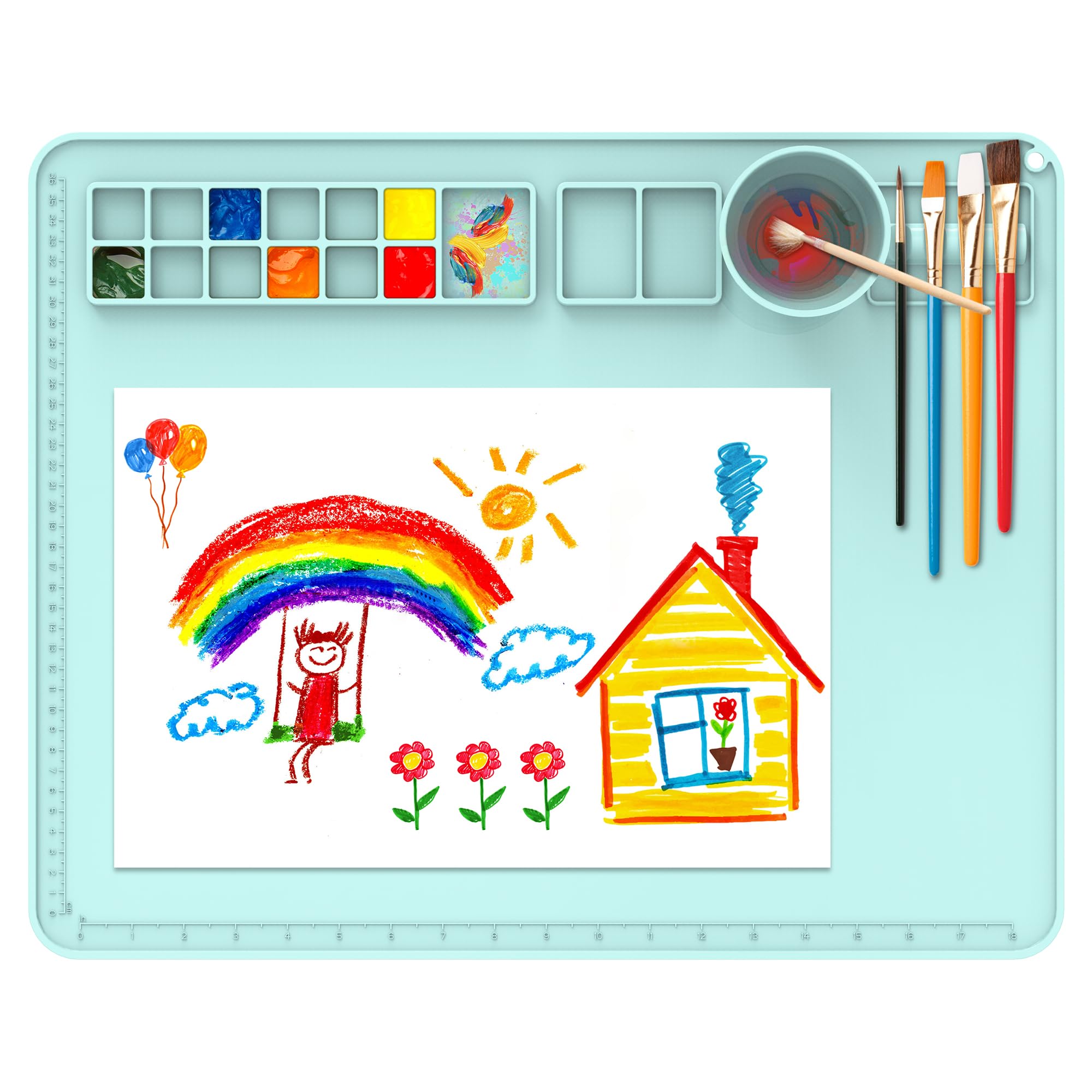 Silicone Painting Mat with Cup and Brush Cleaner Tool,20"×16" Craft Mat,Perfect Artist Gift for Kids! Collapsible & Water-Resistant Art Mat -Great for Clay and DIY Creations. (Light Blue)