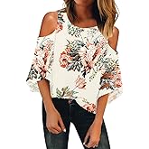 LookbookStore Women's Cold Shoulder Loose Shirt Tops 3/4 Bell Mesh Sleeve Blouse