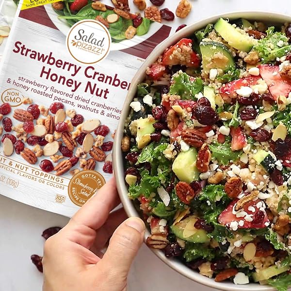 SALAD PIZAZZ! DRIED STRAWBERRY FLAVORED CRANBERRIES & HONEY ROASTED PECANS, WALNUTS & ALMONDS SALAD TOPPER – 3.75 OUNCE ONE