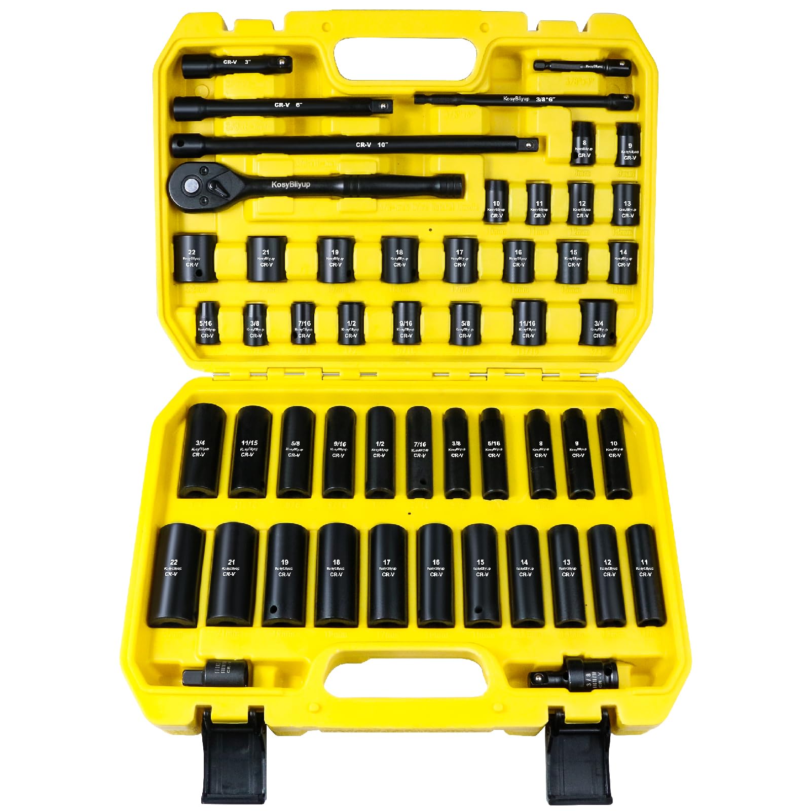 View 1 of KosyBliyup 3/8" Drive Impact Socket Set, 52-Piece, Deep/Shallow, Standard SAE (5/16 to 3/4 inch) and Metric (8-22mm) Size, with Adjustable Ratchet Handle, Extension Bars, Cr-V Steel, 6 Point
