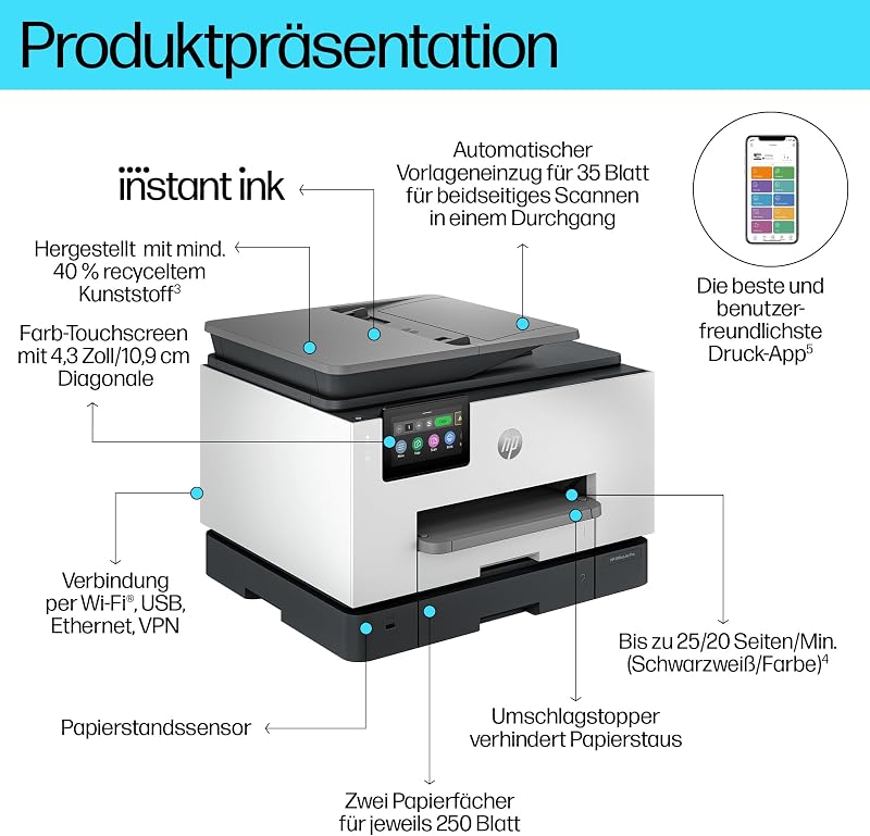 OfficeJet Pro 9132e Multifunktionsdrucker, 3 Monate gratis drucken Instant Ink inklusive, Drucker, Scanner, Kopierer, Fax, WLAN, LAN, Duplex, Airprint, Grau-Weiß
