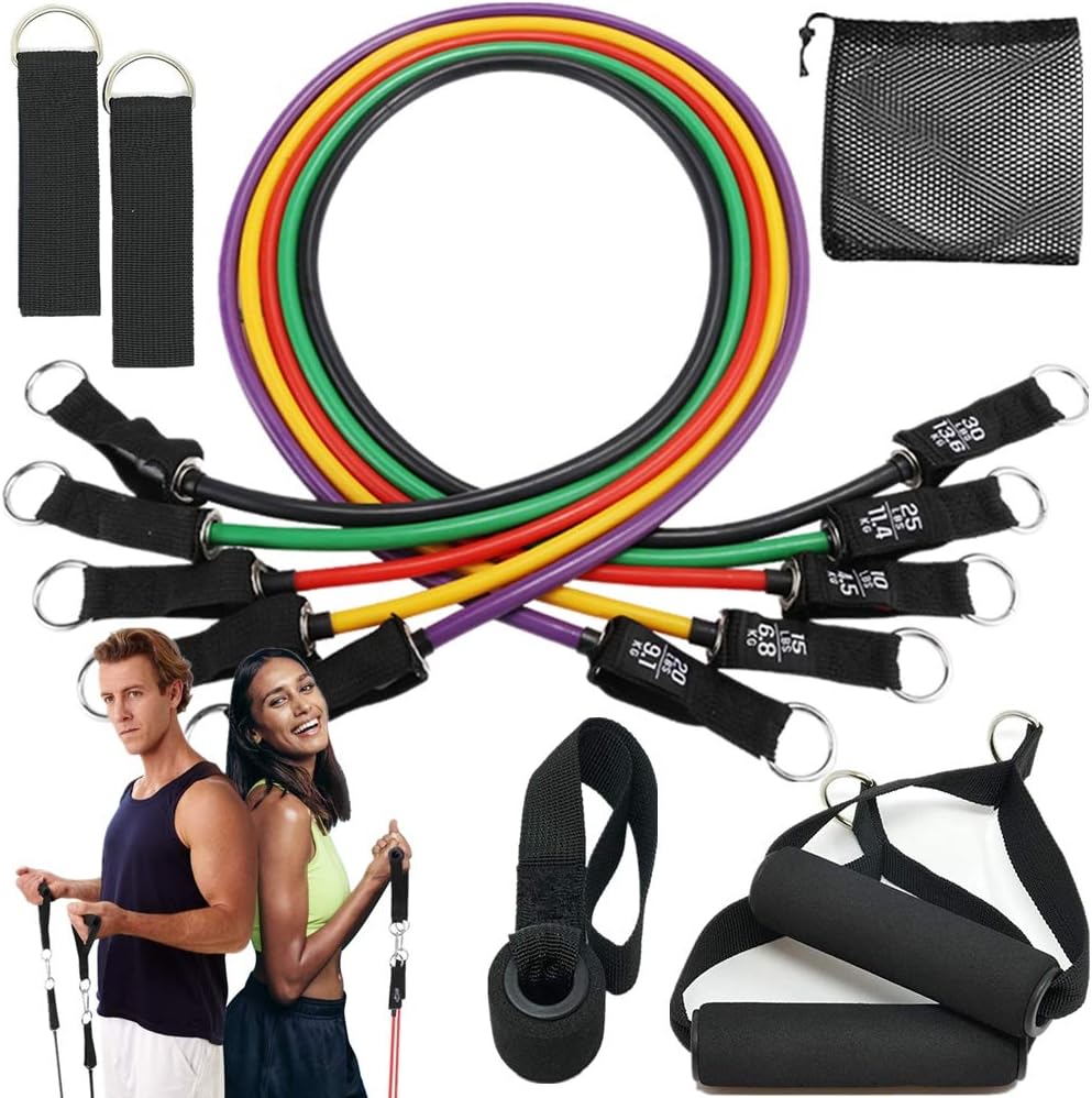 homtuzan Resistance Bands Set 12 Pcs with 5 Stackable Exercise Bands Handles Carry Bag Door Anchor Ankle Straps Guide Book for Resistance Training Physical Therapy Home Workouts Yoga 100 LBS