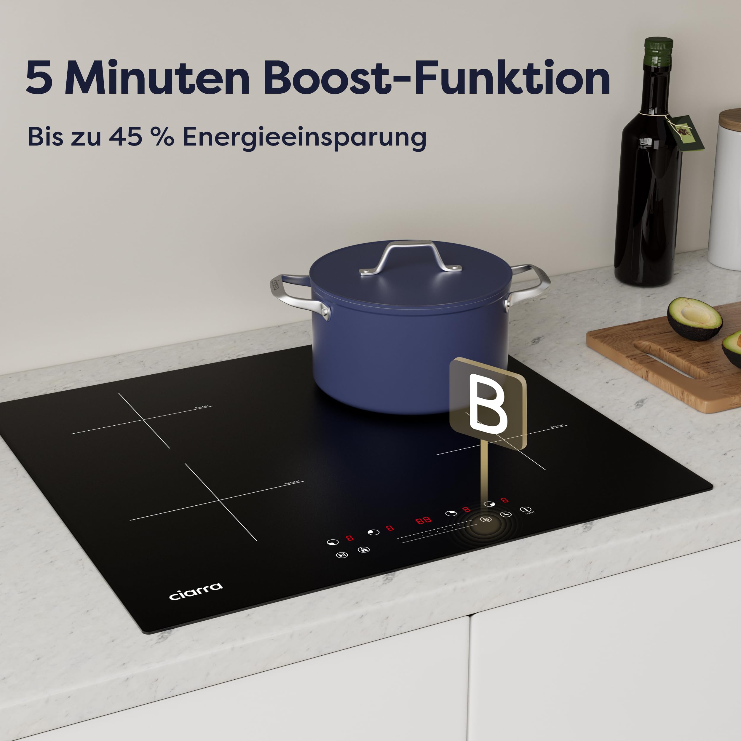CIARRA CBBIH4B 4 Zonen Einbau Induktionskochfeld 60 cm mit Power Booster Touch-Bedienung Kochfeld Induktion 9 Leistungsstufen Timer Kindersicherung Restwärmeanzeige Pause- und reStart-Funktion 7200W 2