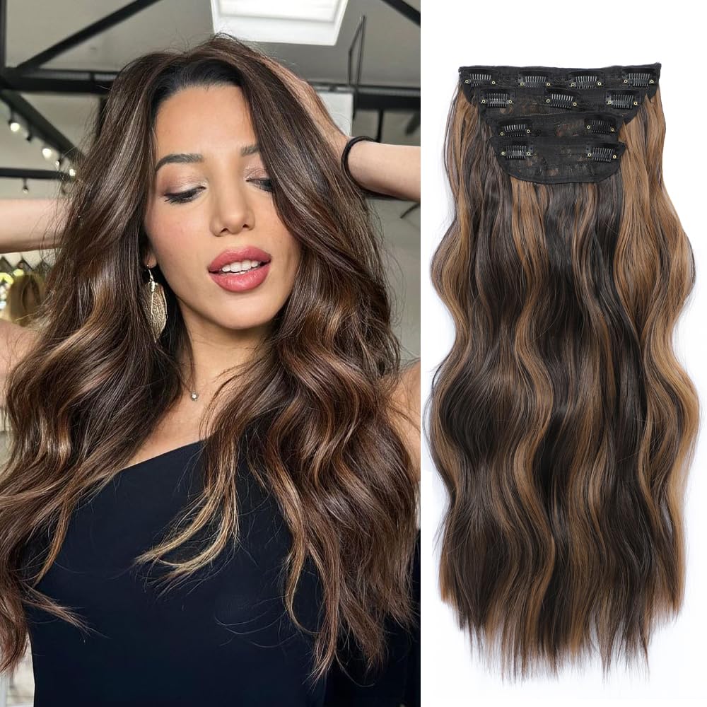 Hair Extensions Clip in 4PCS Dark Brown Mix Highlights 20Inch Hair Extension Long Wavy Full Head Clip in Hair Extension Synthetic Fiber Hair Pieces for Women