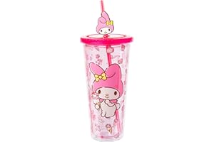 Silver Buffalo Sanrio My Melody Pink Strawberry Pattern Plastic Cold Cup with Lid and Topper Straw 24 Ounces