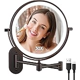 5000mAh Rechargeable Wall Mounted Lighted Makeup Mirror Double Sided 1X30X | Magnifying Bathroom Mirror, 3 Color Lighting, Touch Dimming, Extended Arm 360 Rotation Light up Mirror Antique Bronze