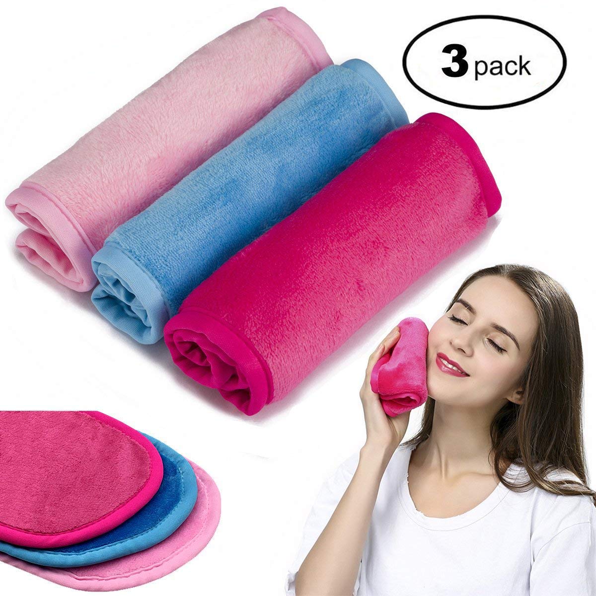 Makeup Remover Cloth 3 Pack - Chemical Free, Move Makeup Instantly with Just Water, Reusable Facial Cleansing Towel, Satisfaction Guaranty (1Pink+1Blue+1Rosy): Beauty