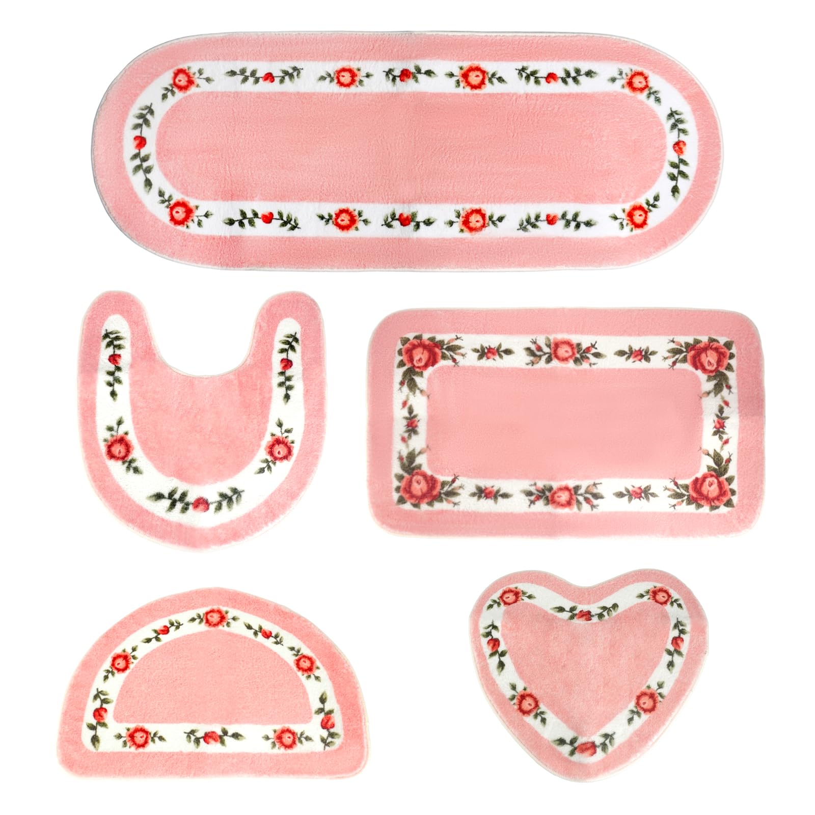 Photo 1 of 5 Pcs Rose Flowers Coquette Bathroom Rugs Set Absorbent Washable Door Mat Anti Slip Floral Bathroom Carpet Rose Flower Area Rugs for Hotel HomeCoquette Doom Decor, 5 Shapes(Pink)