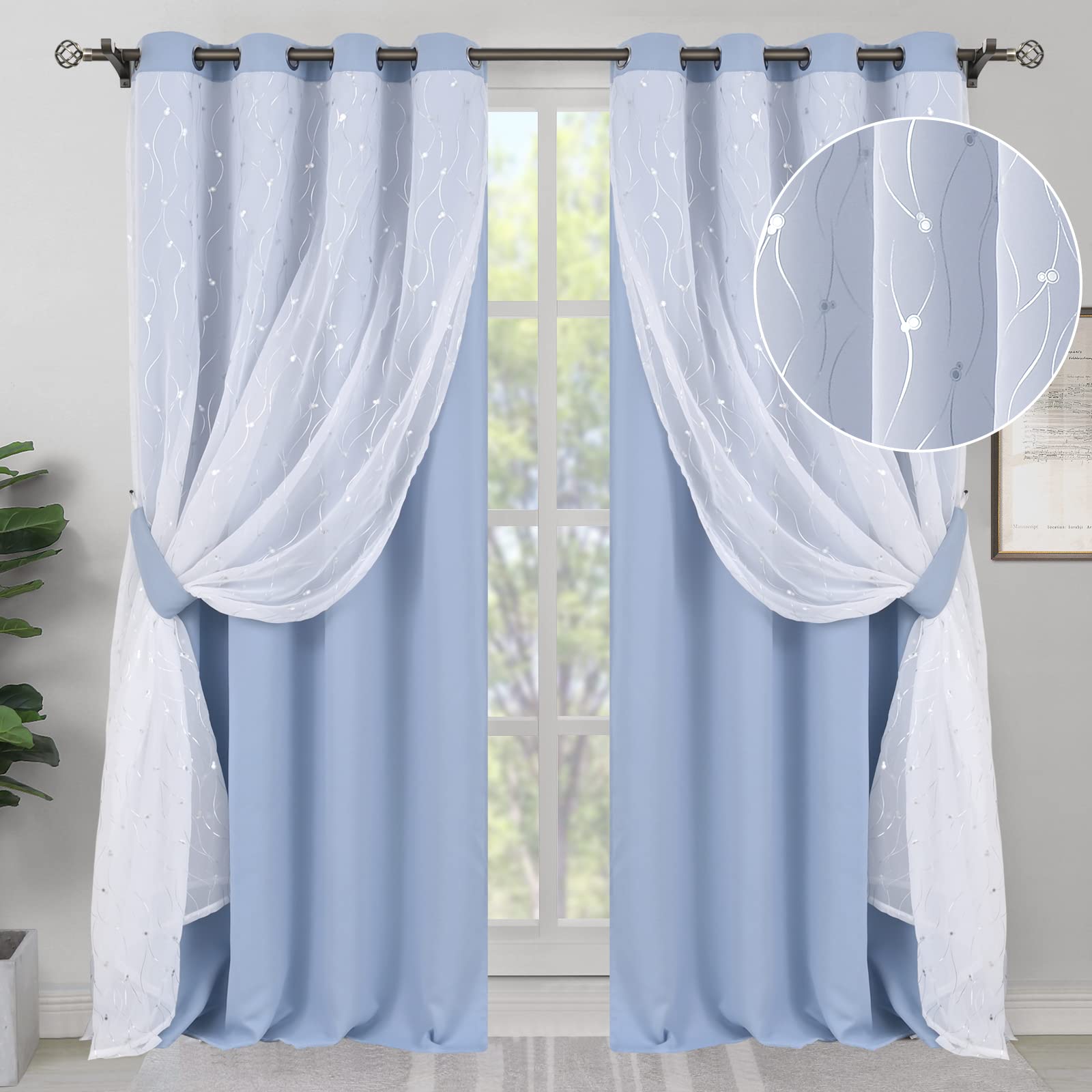 BGment Blackout Curtains with Sheer Overlay, Silver Printed Tulle ...