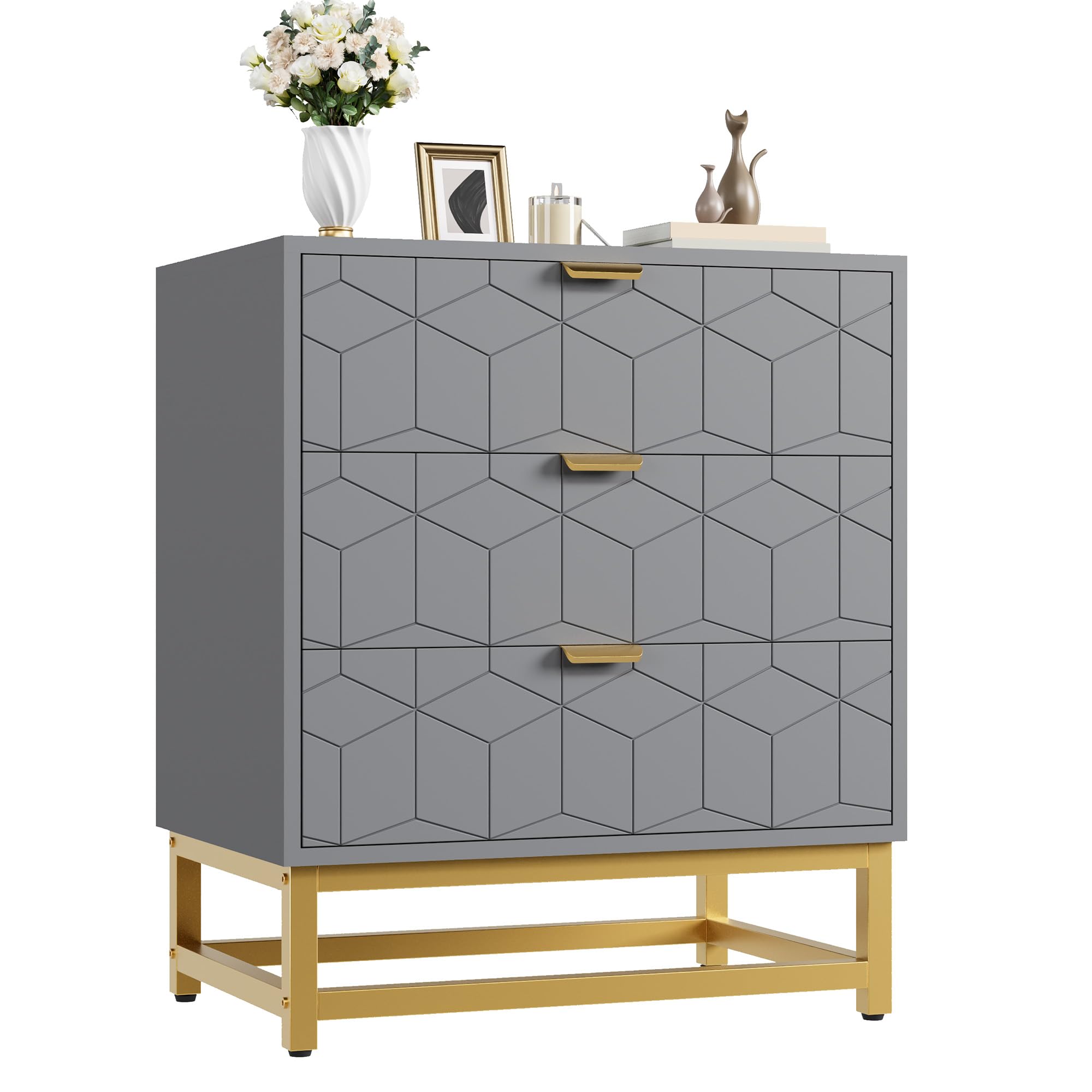 Photo 1 of IDEALHOUSE Grey Dresser for Bedroom, 3 Drawer Dresser with Metal Legs, Wood Dressers Chest Organizer with Wide Storage, Modern Chest of Drawers for Bedroom, Living Room, Hallway