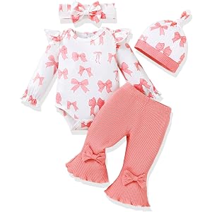 AMAWMW Baby Girl Clothes Ruffle Sleeve Romper Flared Pants Infant Outfit | 4 Pieces Outfit, 0-18 Months, Soft and Skin-friend