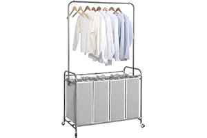 STORAGE MANIAC Laundry Sorter with Hanging Bar, Portable, Removable Laundry Hamper Cart with Heavy Duty Rolling Lockable Wheels and Removable Bags, Rolling Laundry Basket Organizer 181L, 4 Section