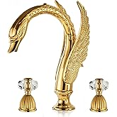 Swan Crystal Gold 3 Hole Vanity Brass 2 Handles 8 inch Cool Copper Widespread Unique Bathroom Sink Faucets, Ornate Restroom Taps Fixtures, 3 Pieces Bird Style Faucets, llaves para lavamanos de baño