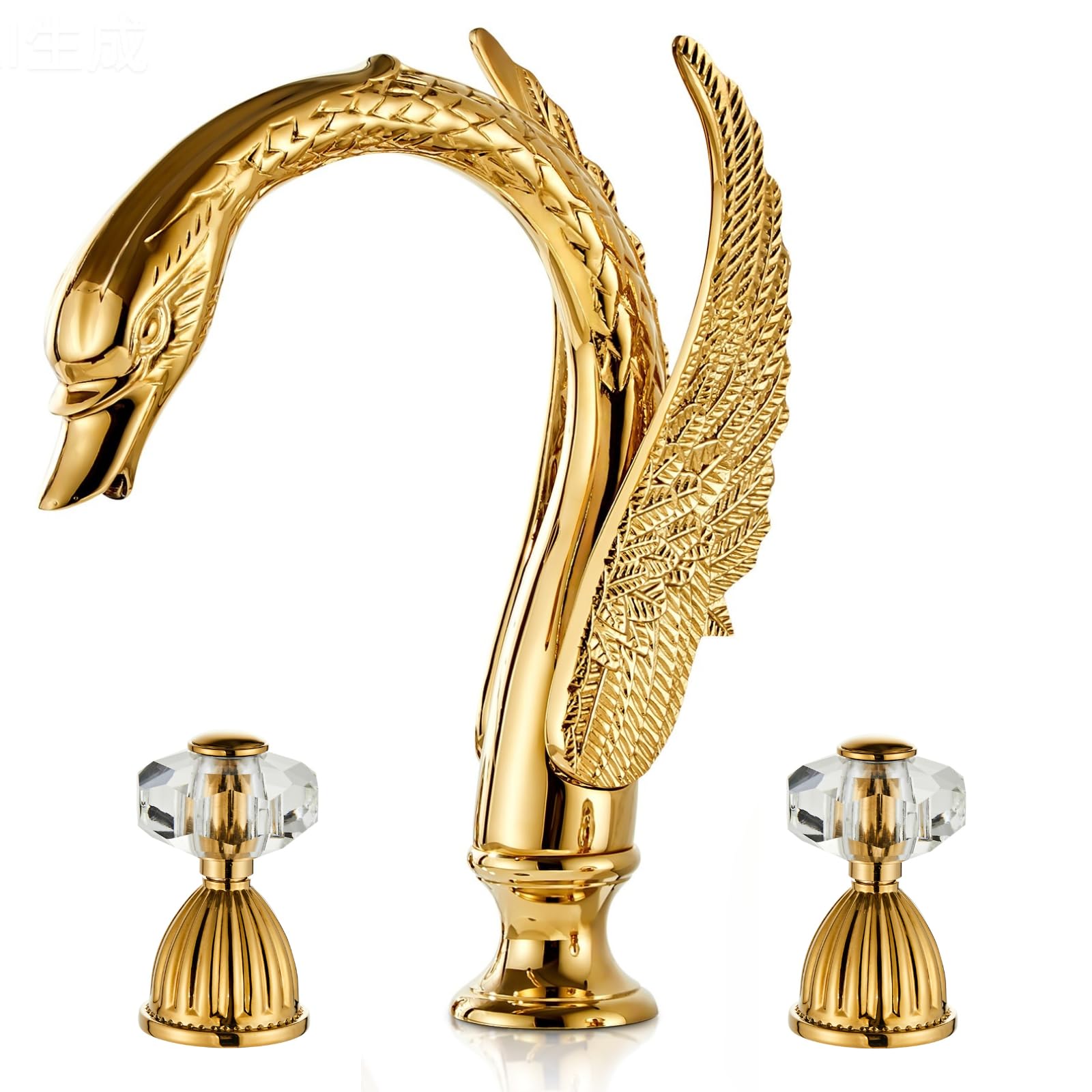 Photo 1 of Swan Crystal Gold 3 Hole Vanity Brass 2 Handles 8 inch Cool Copper Widespread Unique Bathroom Sink Faucets, Ornate Restroom Taps Fixtures, 3 Pieces Bird Style Faucets, llaves para lavamanos de baño