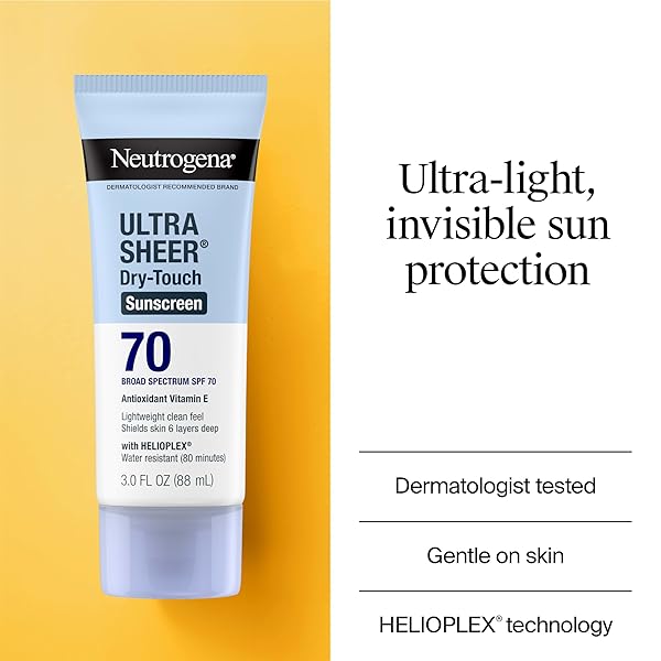 NEUTROGENA ULTRA SHEER DRY-TOUCH SUNSCREEN LOTION SPF 70, BROAD SPECTRUM, WATER RESISTANT 80 MIN, OIL-FREE, OXYBENZONE-FREE, NON-COMEDOGENIC, MATTE FINISH, BODY SUNSCREEN, TRAVEL SIZE 3 FL OZ