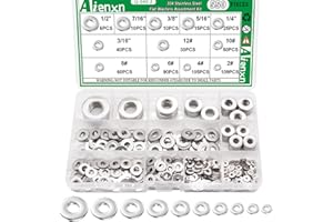 Aienxn 550PCS Flat Washers Assortment Kit, 12 SAE Sizes- 1/2, 7/16, 3/8, 5/16, 1/4, 3/16, 12#, 10#, 8#, 6#, 4#, 2#, (18-8) 304 Stainless Steel Washers for Screws, Metal Washers for Bolts