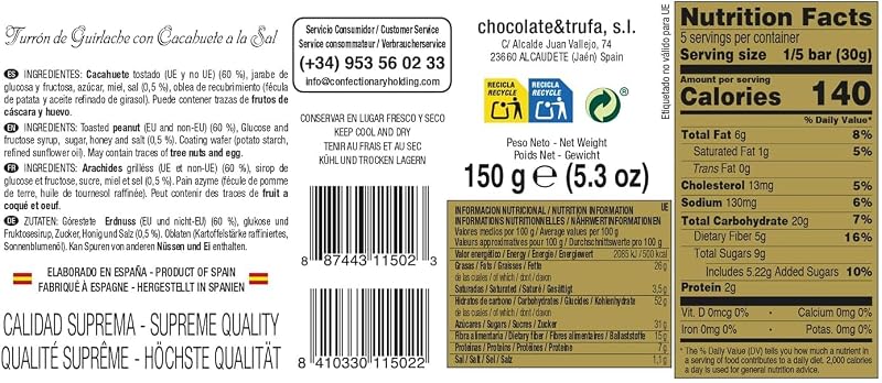 Turrón Guirlache de Cacahuete con Miel, Sin Gluten, 150 g