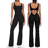 OLCHEE Womens Flare Jumpsuits One Piece Seamless Butt Scrunch Workout Romper Square Neck Backless Wide Leg Unitard