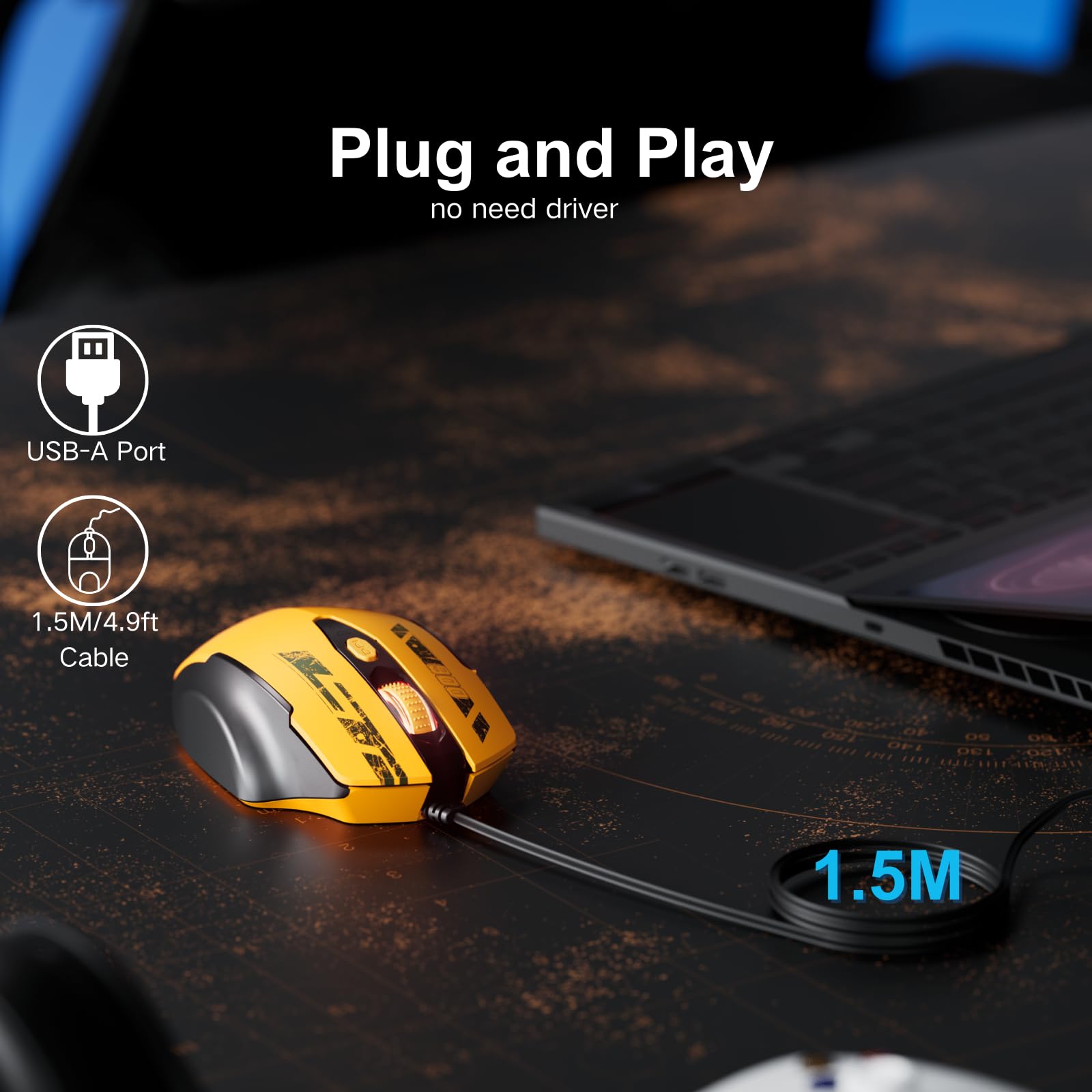 Uineer Maus Mit Kabel, ergonomisches Design, bis zu 7200 DPI einstellbar mit 6 Tasten, Computer Maus PC Laptop Computer,Plug & Play,Mattes Gelb 2