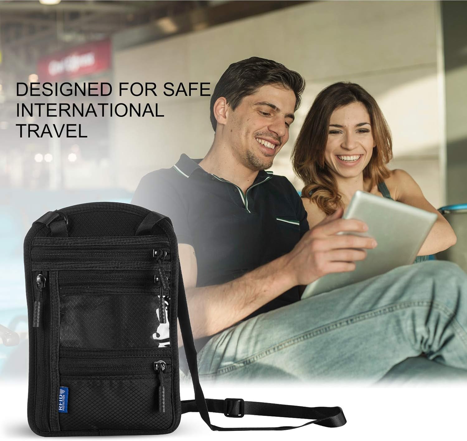  | a amvontz Travel Pouch Neck Wallet: RFID Blocking Hidden Zipper Women Men Passport Holder | Travel Wallets