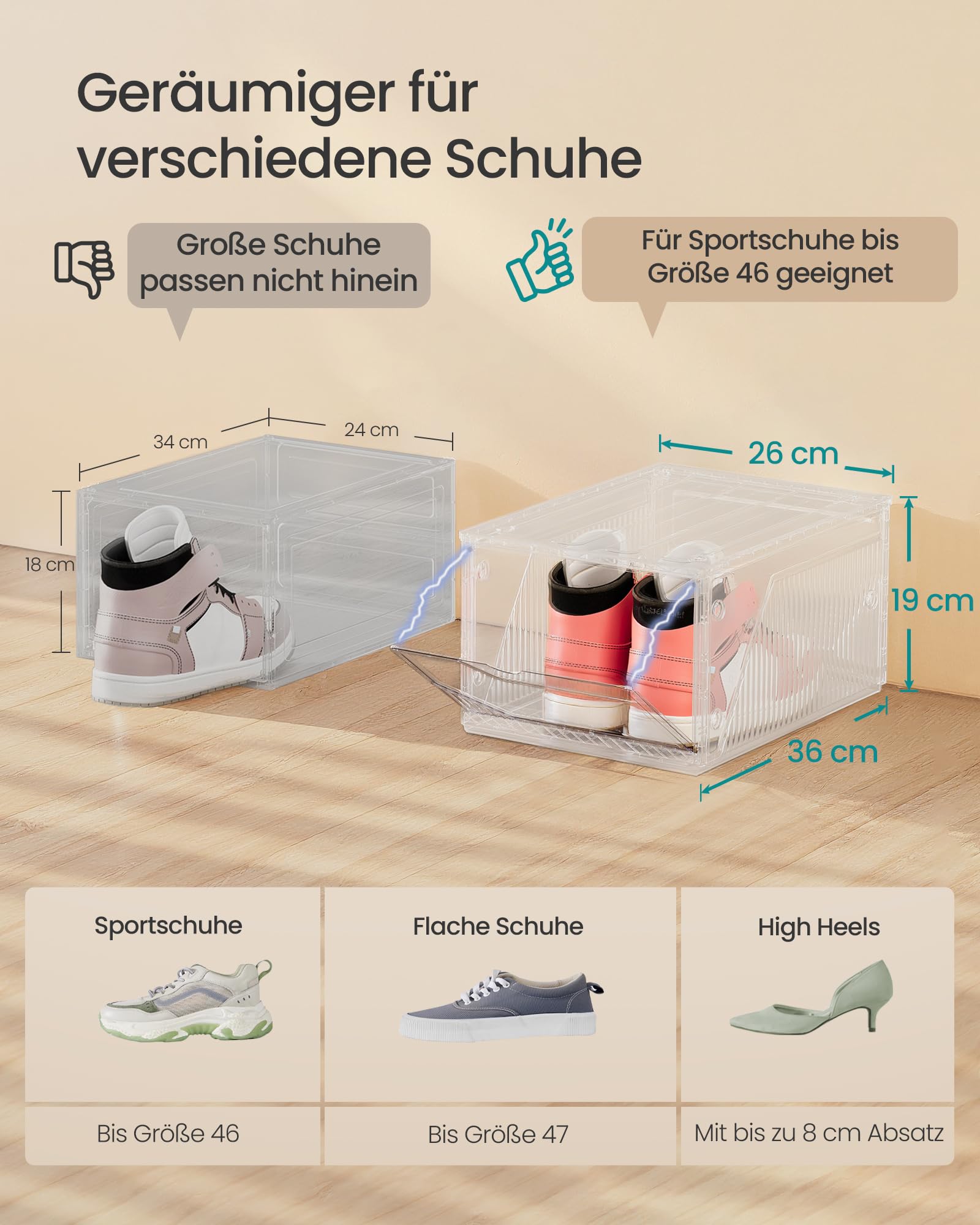 SONGMICS Schuhboxen 6er Set, Schuh-Organizer aus Kunststoff, stapelbar quer und längs, Aufbewahrungsbox mit Magnettverschluss, durchsichtig, für Schuhe bis Größe 46, wolkenweiß LSP806WH01 5