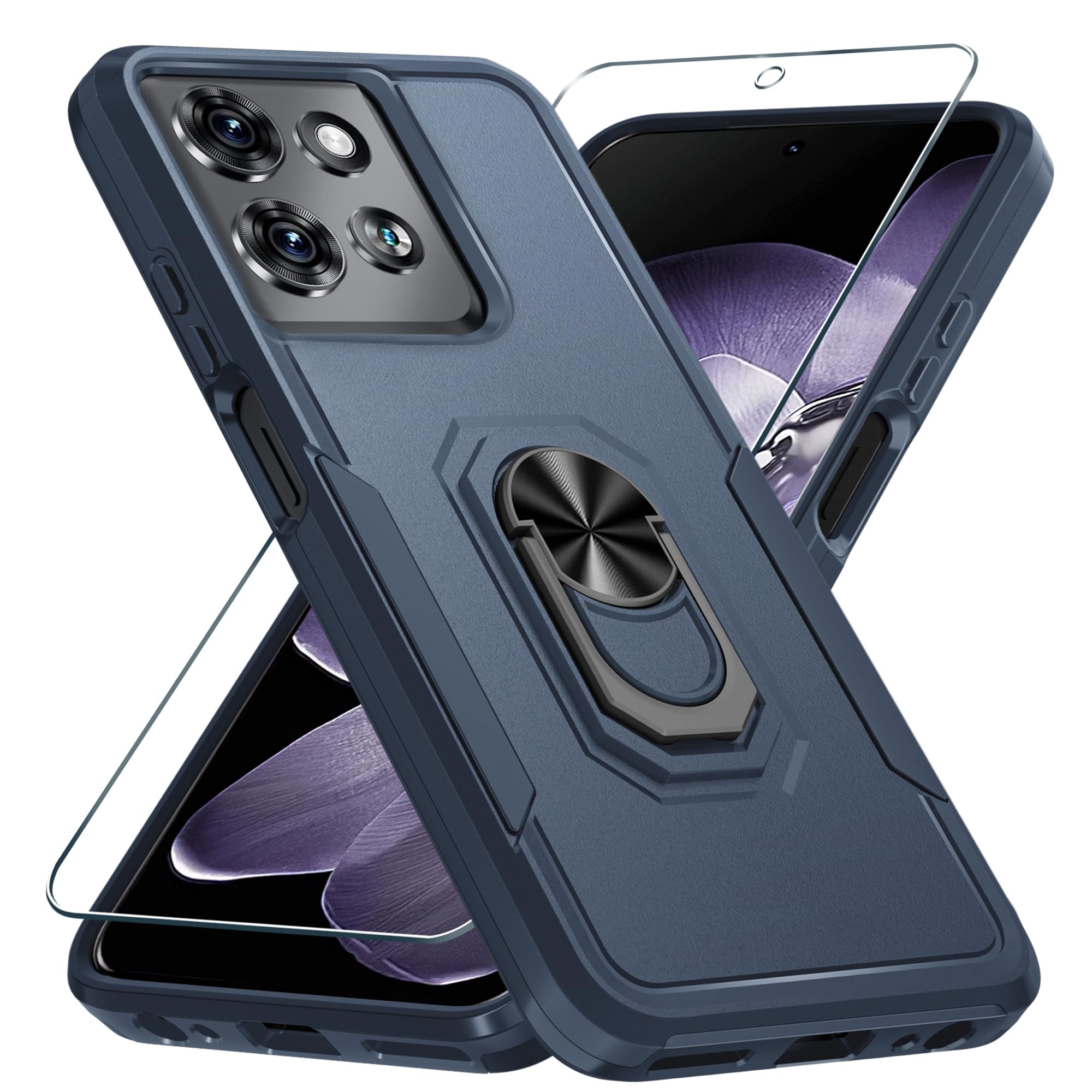 Photo 1 of Janmitta Compatible with Motorola Moto G 2025 Case with Screen Protector,Heavy Duty Shockproof Full Body Protective Cover Built in Rotatable Metal Ring Holder Kickstand,Navy Blue