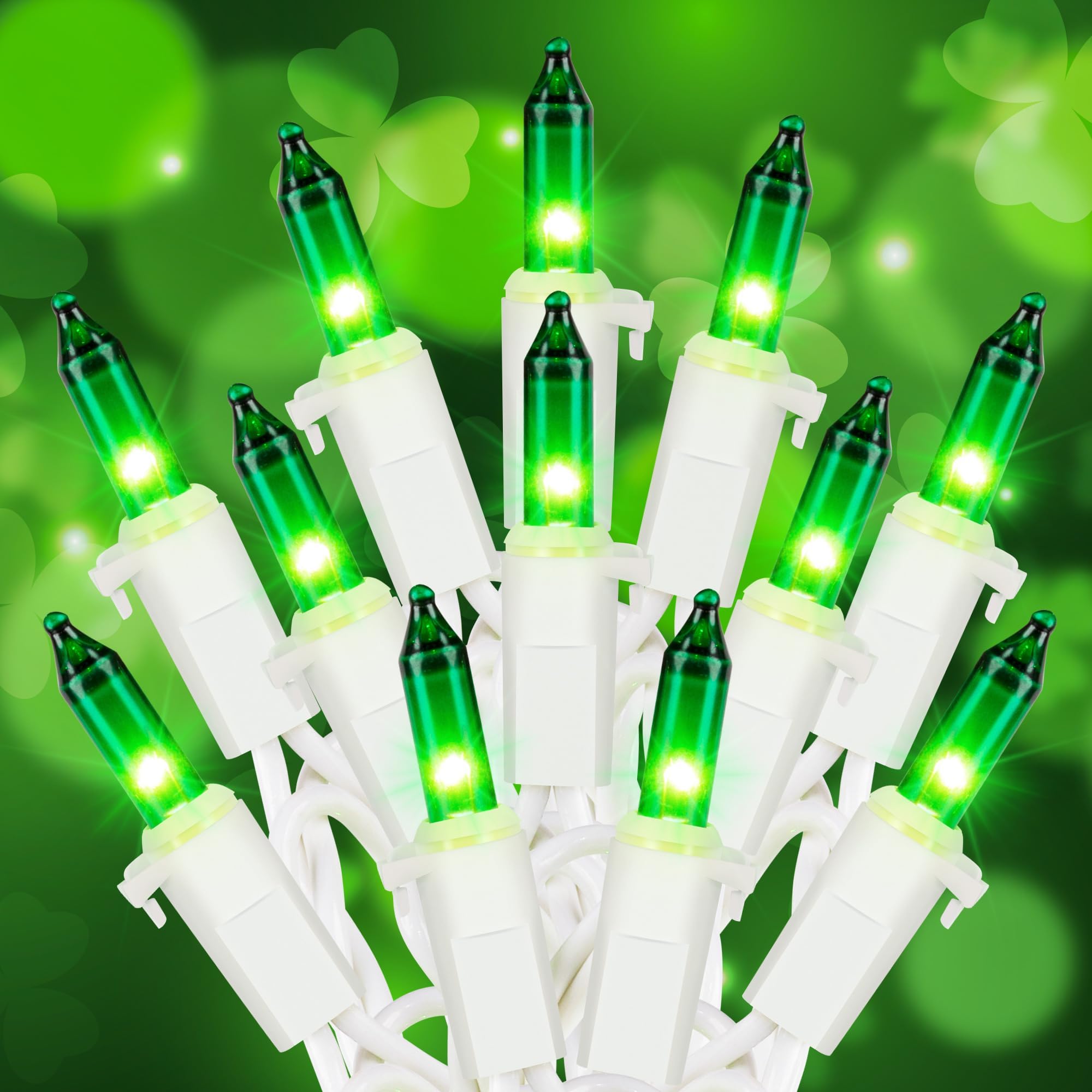 Hopolon St. Patrick's Day String Lights,2 Pack 13FT 50Count Green Mini Lights White Wire,Incandescent Christmas Tree Lights Connectable for Indoor Outdoor Holiday Patio Party Home Decorations